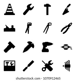 Solid vector icon set - road cone vector, wrench, hammer, trowel, jointer, plumber, pliers, bolt, screw, drill, jack, tool box, rasp, screwdriver, allen key set