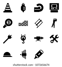 Solid vector icon set - road cone vector, drop counter, mri, atm, search money, brick wall, bucksaw, plumber, wood drill, winch, pipe welding, wrench hammer, construction helmet, allen key set