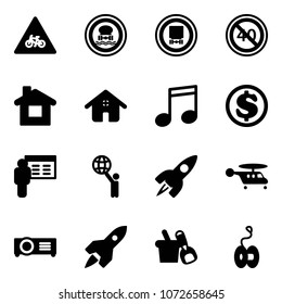 Solid vector icon set - road for moto vector sign, no dangerous cargo, end minimal speed limit, home, music, dollar, presentation, world, rocket, helicopter, projector, shovel bucket, yoyo