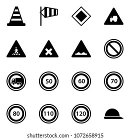 Solid vector icon set - road cone vector, side wind, main sign, tractor way, pedestrian, railway intersection, rough, prohibition, no truck, speed limit 50, 60, 70, 80, 110, 120, construction helmet
