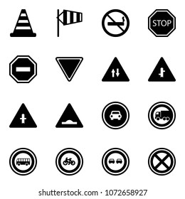 Solid vector icon set - road cone vector, side wind, no smoking sign, stop, way, giving, oncoming traffic, intersection, artificial unevenness, car, truck, bus, bike, overtake