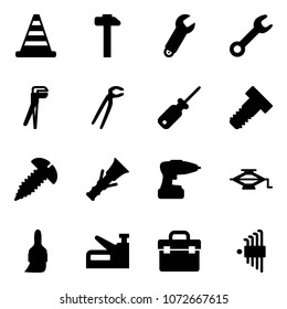 Solid vector icon set - road cone vector, hammer, wrench, plumber, screwdriver, bolt, screw, dowel, drill, jack, brush, stapler, tool box, allen key set