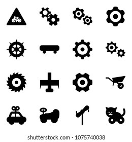 Solid vector icon set - road for moto vector sign, gear, gears, hand wheel, skateboard, saw disk, milling cutter, wheelbarrow, car toy, baby, windmill, cat