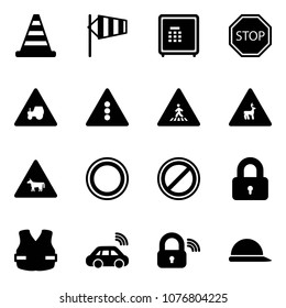 Solid vector icon set - road cone vector, side wind, safe, stop sign, tractor way, traffic light, pedestrian, wild animals, cow, prohibition, no parking, locked, life vest, car wireless, lock