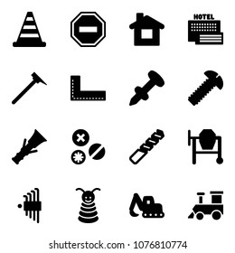 Solid vector icon set - road cone vector, no way sign, home, sea hotel, mason hammer, corner ruler, nail dowel, screw, rivet, drill, cocncrete mixer, allen key set, pyramid toy, excavator, train