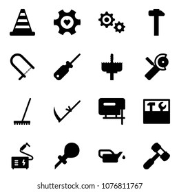 Solid vector icon set - road cone vector, heart gear, hammer, fretsaw, screwdriver, crown drill, Angular grinder, rake, scythe, jig saw, tool box, welding, oiler, toy