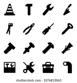 Solid vector icon set - road cone vector, work, wrench, trowel, plumber, pliers, screwdriver, screw, bolt, nail dowel, tool box, allen key