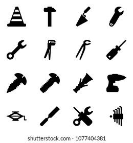 Solid vector icon set - road cone vector, hammer, trowel, wrench, plumber, screwdriver, screw, dowel, drill, jack, rasp, allen key set