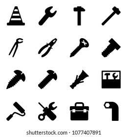 Solid vector icon set - road cone vector, wrench, hammer, sledgehammer, plumber, pliers, screw, bolt, dowel, tool box, paint roller, screwdriver, allen key