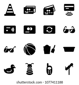 Solid vector icon set - road cone vector, credit card, tap pay, exchange, sunglasses, ball, bucket scoop, basin, duck toy, pyramid, phone, windmill