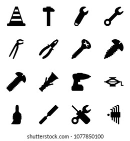 Solid vector icon set - road cone vector, hammer, wrench, plumber, pliers, screw, dowel, drill, jack, brush, rasp, screwdriver, allen key set