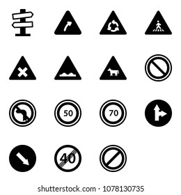 Solid vector icon set - road signpost vector sign, turn right, round motion, pedestrian, railway intersection, rough, cow, prohibition, no left, speed limit 50, 70, only forward, detour, end
