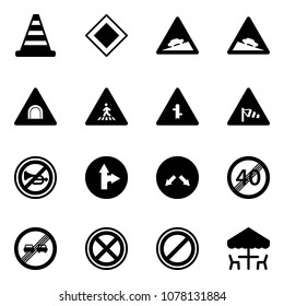 Solid vector icon set - road cone vector, main sign, climb, steep descent, tunnel, pedestrian, intersection, side wind, no horn, only forward right, detour, end speed limit, overtake, stop, parking