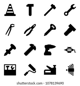 Solid vector icon set - road cone vector, work, sledgehammer, wrench, plumber, pliers, screw, bolt, nail dowel, drill, jack, tool box, paint roller, stapler, allen key set