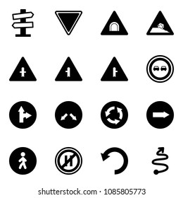 Solid vector icon set - road signpost vector sign, giving way, tunnel, steep roadside, intersection, no overtake, only forward right, detour, circle, pedestrian, parking even, undo, trip