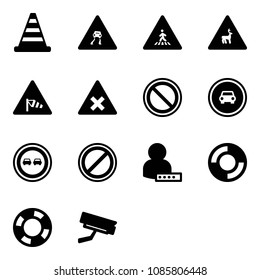 Solid vector icon set - road cone vector, slippery sign, pedestrian, wild animals, side wind, railway intersection, prohibition, no car, overtake, parking, user password, lifebuoy