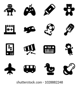 Solid vector icon set - robot vector, joystick, marker, bear toy, abacus, plane, teethers, beanbag, game console, xylophone, piano, doll, bus, duck, soother