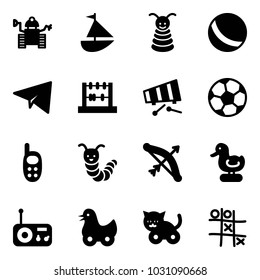 Solid vector icon set - robot vector, sailboat toy, pyramid, ball, paper plane, abacus, xylophone, soccer, phone, caterpillar, bow, duck, radio, cat, Tic tac toe