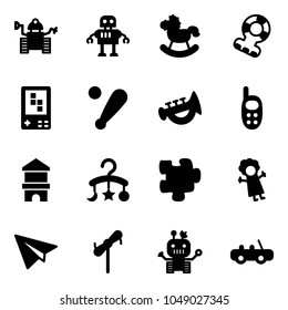 Solid vector icon set - robot vector, rocking horse, teethers, game console, baseball bat, horn toy, phone, block house, baby carousel, puzzle, doll, paper plane, windmill, car