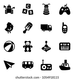 Solid vector icon set - robot vector, abc cube, pyramid toy, joystick, chicken, beanbag, truck, phone, beach ball, bear, wirligig, piano, paper plane, bus, radio, boat
