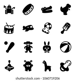 Solid vector icon set - robot vector, tambourine, crocodile, dinosaur toy, drum, plane, teethers, beanbag, baseball bat, doll, rabbit, beach ball, wirligig, monster, giraffe, soother