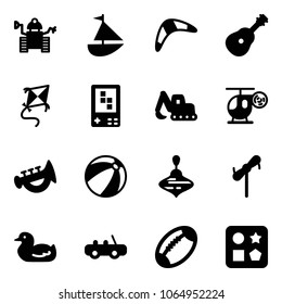 Solid vector icon set - robot vector, sailboat toy, boomerang, guitar, kite, game console, excavator, helicopter, horn, beach ball, wirligig, windmill, duck, car, football, cube hole