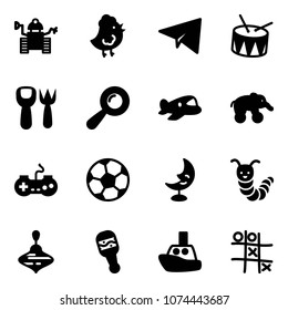Solid vector icon set - robot vector, chicken toy, paper plane, drum, shovel fork, beanbag, elephant wheel, gamepad, soccer ball, moon lamp, caterpillar, wirligig, boat, Tic tac toe