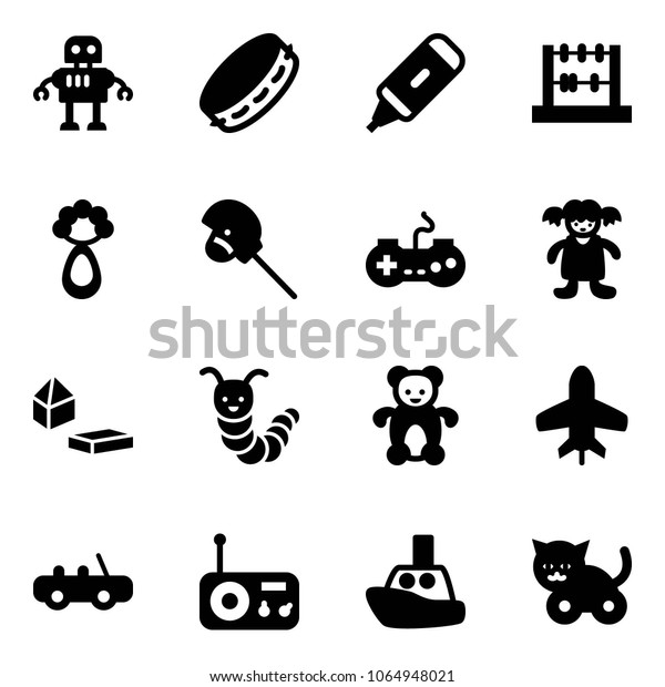 Solid\
vector icon set - robot vector, tambourine, marker, abacus,\
beanbag, horse stick toy, gamepad, doll, constructor blocks,\
caterpillar, bear, plane, car, radio, boat,\
cat