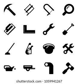 Solid vector icon set - rock axe vector, bucksaw, fretsaw, magnifier, trowel, corner ruler, wrench, shovel, hoe, winch, protect glass, hammer, oiler, trailer, allen key, toy