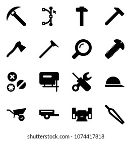 Solid vector icon set - rock axe vector, bezier, hammer, mason, magnifier, screw, rivet, jig saw, wrench screwdriver, construction helmet, wheelbarrow, trailer, sharpening, forceps