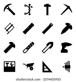 Solid vector icon set - rock axe vector, bezier, hammer, bucksaw, level, ruler, screw, drill, tile, tool box, wheelbarrow, corner, allen key set