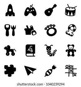 Solid vector icon set - rocket vector, joystick, guitar, drum, shovel fork toy, bucket, beanbag, teethers, wheel horse, abc book, caterpillar, bear, puzzle, paper plane, dart, Tic tac toe