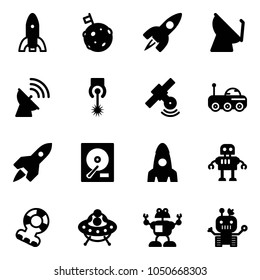 Solid vector icon set - rocket vector, moon flag, satellite antenna, laser, rover, hdd, robot, teethers, ufo toy