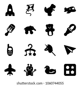 Solid vector icon set - rocket vector, kite, dinosaur toy, plane, beanbag, elephant wheel, bear, phone, baby carousel, unicorn stick, paper, robot, duck, cube hole