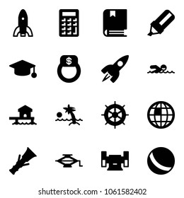 Solid vector icon set - rocket vector, calculator, book, highlight marker, graduate hat, finger ring, swimming, bungalow, palm, hand wheel, globe, dowel, jack, sharpening, ball