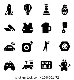 Solid vector icon set - rocket vector, air balloon, chess queen, pineapple, mat, life vest, beer, piston, car wireless, speaker, plumber, nut, joystick, toy train, piano, robot