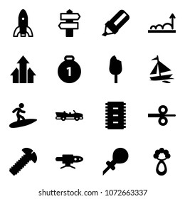 Solid vector icon set - rocket vector, signpost, highlight marker, growth, arrows up, gold medal, ice cream, sail boat, surfing, cabrio, chip, steel rolling, screw, pipe welding, oiler, beanbag