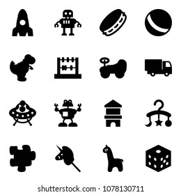 Solid vector icon set - rocket vector, robot, tambourine, ball, dinosaur toy, abacus, baby car, truck, ufo, block house, carousel, puzzle, unicorn stick, giraffe, bones