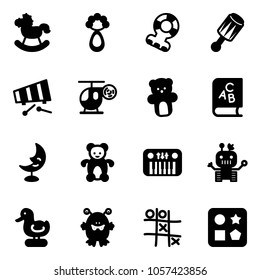 Solid vector icon set - rocking horse vector, beanbag, teethers, xylophone, helicopter toy, bear, abc book, moon lamp, piano, robot, duck, monster, Tic tac toe, cube hole