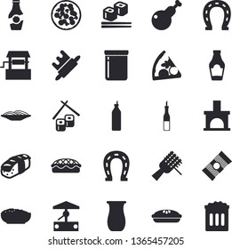 Solid vector icon set - rolling pin flat vector, jugful, spaghetti, ketchup, sauce, on a fork, pizza, porridge, pie, chicken, fish rolls, sashimi, jam, mustard, well, horseshoe, fireplace, trash can