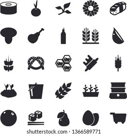 Solid vector icon set - rolling pin flat vector, double boiler, ham, bagel, egg, canned food, garlic, onion, fish rolls, sashimi, pear, mustard, honeycomb, ear, orange, mushroom, flower, bucketful