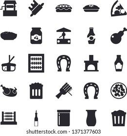 Solid vector icon set - rolling pin flat vector, jugful, ketchup, sauce, spaghetti on a fork, pizza, porridge, pie, chicken, sashimi, jam, well, horseshoe, fireplace, abacus, trash can