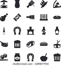 Solid vector icon set - rolling pin flat vector, jugful, spaghetti, ketchup, sauce, on a fork, pizza, porridge, pie, chicken, fish rolls, sashimi, jam, well, horseshoe, fireplace, abacus, trash can