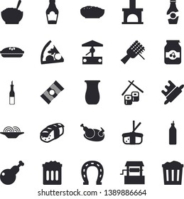Solid vector icon set - rolling pin flat vector, jugful, spaghetti, ketchup, sauce, on a fork, pizza, porridge, pie, chicken, fish rolls, sashimi, jam, mustard, well, horseshoe, fireplace, trash can