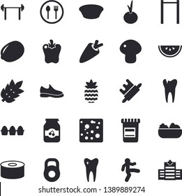 Solid vector icon set - rolling pin flat vector, table setting, lemon, carrot, cheese, egg, canned food, watermelon, mushroom, salad, soup, onion, bell pepper, jam, pineapple, vial, tooth, caries