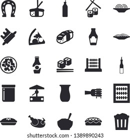 Solid vector icon set - rolling pin flat vector, jugful, ketchup, sauce, spaghetti on a fork, pizza, porridge, pie, chicken, fish rolls, sashimi, jam, mustard, well, horseshoe, abacus, trash can