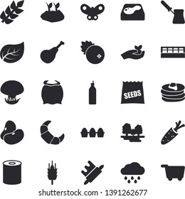 Solid vector icon set - rolling pin flat vector, turk, spice, flour, ham, legumes, pancakes, croissant, egg, canned food, cranberry, mustard, mushroom, seeds, ear, carrot, seedlings, planting plants