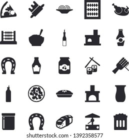 Solid vector icon set - rolling pin flat vector, jugful, ketchup, sauce, spaghetti on a fork, pizza, porridge, pie, chicken, fish rolls, sashimi, jam, mustard, well, horseshoe, fireplace, abacus