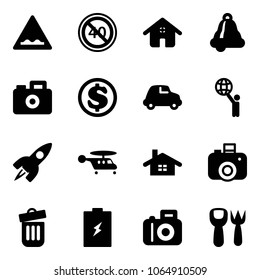 Solid vector icon set - rough road vector sign, end minimal speed limit, home, bell, camera, dollar, car, world, rocket, helicopter, trash bin, battery, shovel fork toy