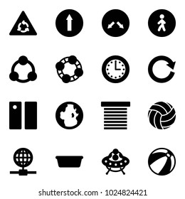 Solid vector icon set - round motion vector road sign, only forward, detour, pedestrian way, social, friends, time, reload, pause, globe, jalousie, volleyball, basin, ufo toy, beach ball